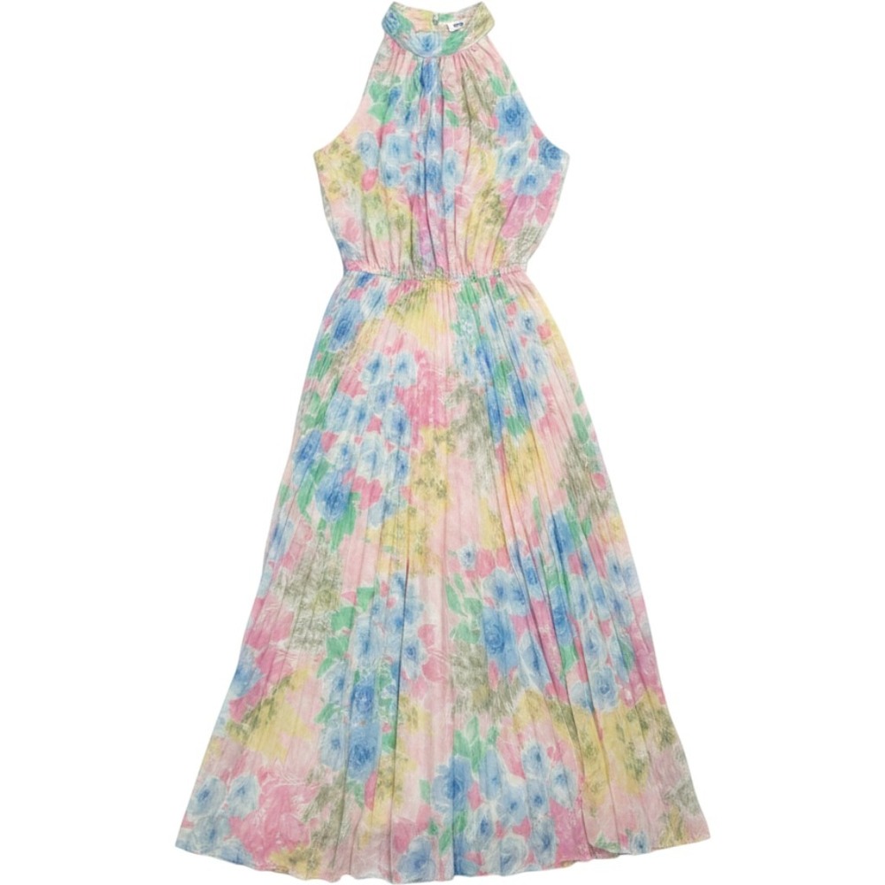 Lanz Originals Vintage Floral Halter Maxi Dress Pastel Pleated Open Back Size 6